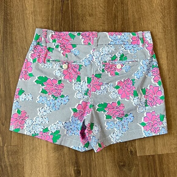 Crown & Ivy Caroline Blue Pin Striped Pink Floral Shorts Sz 6P - Picture 6 of 8